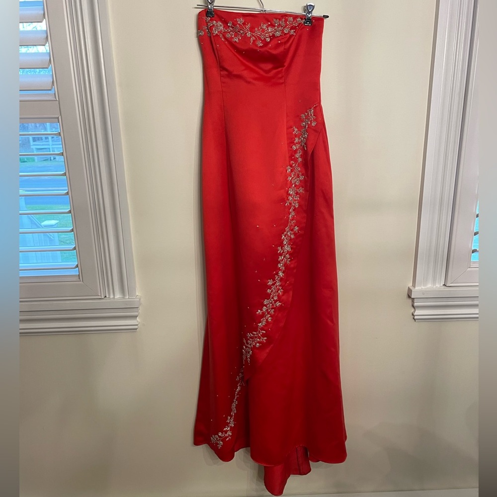 Strapless Embroidered Red Gown